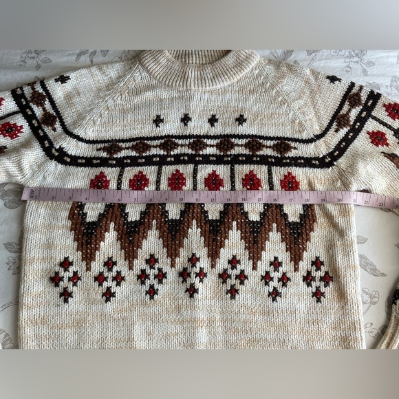 Vintage Mens Cream Red Fair Isle Grandpa Sweater Medium Acrylic 90s Old Money - Picture 6 of 7